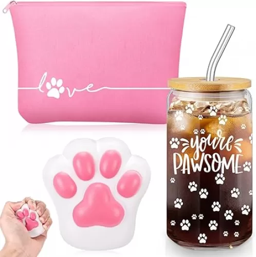Sliner 3 Pcs Vet Tech Gifts Veterinarian Appreciation Gifts Inspirational 16 oz Glass Cups with Lid Makeup Bag Stress Ball Vet Tech Assistant Supplies Medical School Must Haves(Pink)
