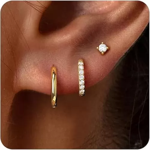 Small Sterling Silver Huggie Hoop Earrings Set for Women, Hypoallergenic 14K Gold Plated Hoops Stacks for Multiple Piercings, Dainty Cute Mini Lightweight Cartilage Studs Trendy Jewelry Gift