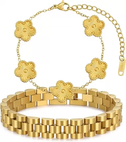 Stackable Four Leaf Clover Bracelets for Women, 18K Gold Plated Bangle Bracelets Set, 2 Pcs Charm Jewelry Gifts