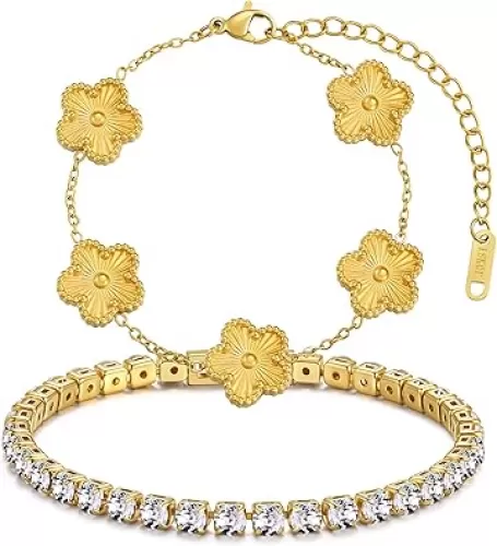 Stackable Four Leaf Clover Bracelets for Women, Tennis Bangle Bracelets Set for Women, 3 Pcs Trendy Jewelry Gifts