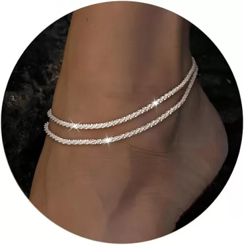 Sterling Silver Ankle Bracelets for Women - Waterproof Silver Anklets Trendy 925 Sterling Silver/14K Gold Plated Stackable Sparkling Link Chian Anklet Bracelet Set for Women Dainty Jewelry Gift