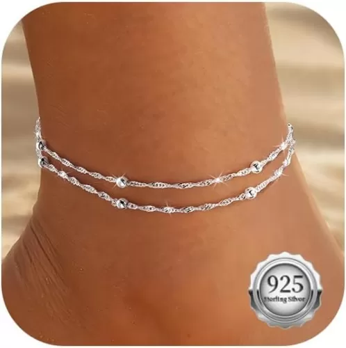 Sterling Silver Ankle Bracelets for Women, Gold Dainty Layered Waterproof Anklet for Women Adjustable, Womens Anklet Set Stackable Plus Size