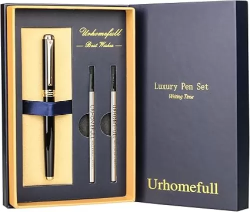 Stunning Luxury Rollerball Pen with 24K Gold Trim, Switzerland Tip with Black Ink Refills, Perfect BallPonit Pen Gift Set for Men Women, Fancy Writing Set for Business, Gloss Black