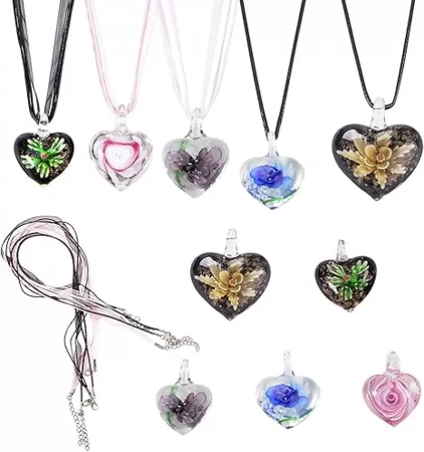 SUNNYCLUE 1 Set 5pcs Colorful Assorted Murano Lampwork Glass Pendant Necklace, 18"&19" Organza Ribbon Waxed Cord Necklace Clasp DIY Make 5 Dolphin Heart Starfish Lampwork Necklace Valentine