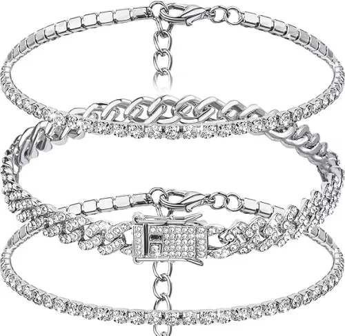 Sureio 3 Pcs Anklets Bracelet for Women Adjustable Diamond Tennis Cuban Style Link Anklets for Women Wedding Fashion Gifts