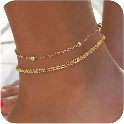Tewiky Sterling Silver Ankle Bracelets for Women, Dainty Layered Waterproof Anklet for Women Adjustable Sparkly Herringbone Beaded Rope Chain Set Stackable Cute Summer Beach Jewelry Gift