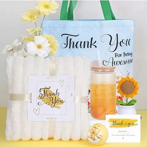 Thank You Gift for Women , Appreciation Gift Set with Canvas Tote Bag, Ceramic Mug, Scented Candle, Bath Bomb, Dried Flower Card & Keychain , Relaxing Gifts for Her, Friends, Teachers, Coworkers