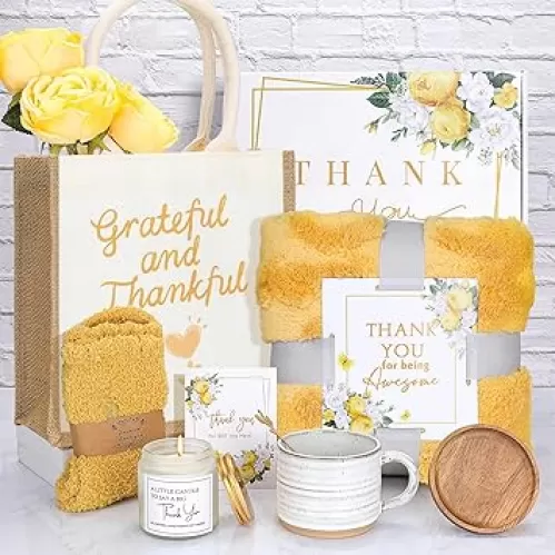 Thank You Gifts for Women , Appreciation Gift Box with Blanket, Mug with Lid and Spoon, Soy Candle, Fuzzy Socks, Tote Bag, Card , Birthday, Nurse, Teacher, Coworker, Mom, Best Friend