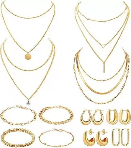 Tiamon 12 Pcs Gold Silver Jewelry Sets for Women Layered Set of Earring Necklace Bracelets for Men Jewelry Gifts