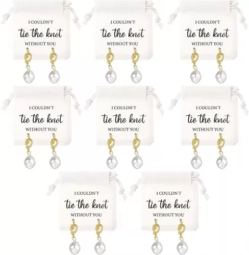 Tondiamo 8 Sets Bridesmaids Gifts Bridesmaid Pearl Jewelry Bridesmaid Knot Pearl Earrings and Linen Cotton Small Drawstring Bags Wedding Bridesmaids Gifts I Couldn