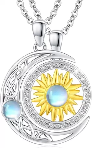 TUGHRA Valentine’s Day Matching Sun and Moon Necklaces for Couples - Sterling Silver Love Pendant Set Romantic Gift for Him & Her, Anniversary Jewelry Gifts Dainty Two-Piece Necklace Set