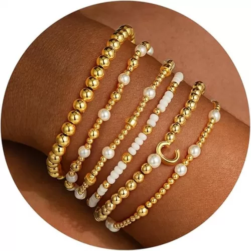 Turandoss 6PCS Beaded Initial Bracelets for Women, 18K Gold Plated Beaded Initial Letter Bracelet for Girls Women, Initial A-Z Stretch Bead Stackable Bracelet Jewelry Set Gifts