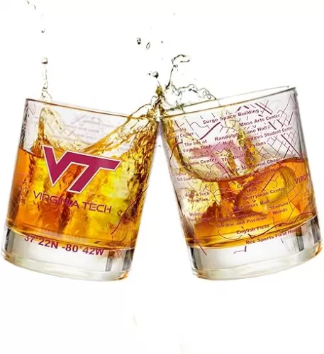 University Virginia Tech Whiskey Glass Set (2 Low Ball Glasses) - Contains Full Color Hokie Bird Logo & Campus Map - Virginia Tech Gift Idea for College Grads & Alumni - Glassware