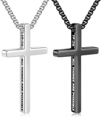 Ursteel 2 Pcs Black Silver Cross Necklace for Men - Inspirational Bible Verse Cross Chain for Men Stainless Steel Cross Pendant Necklace for Men Gifts, Box Chain 18-24 Inch