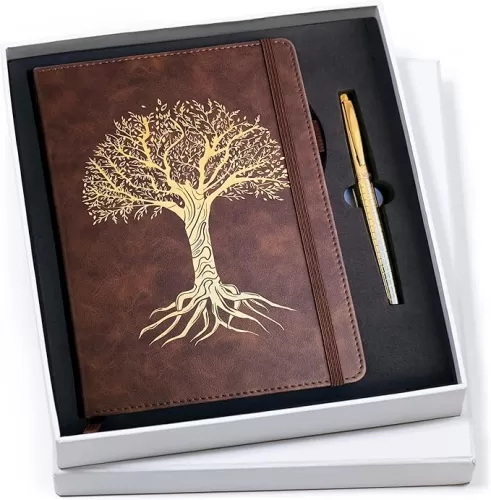 Veway Vegan Leather Journal and Pen Set, Tree of Life Notebook, A5 Lined Writing Journal with 224 Pages, Index and Gift Ready Box