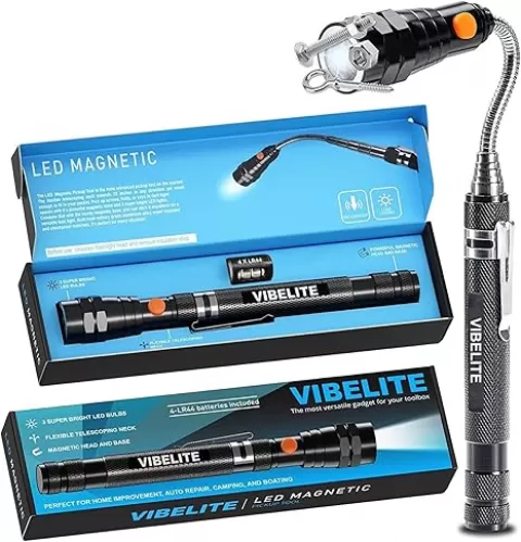 VIBELITE Extendable Magnetic Flashlight with Telescoping Magnet Pickup Tool-Cool Gadget Birthday for Men, Dad, Husband, Him, Father, Mechanic, Tech, Handyman, Boyfriend, Women, Black