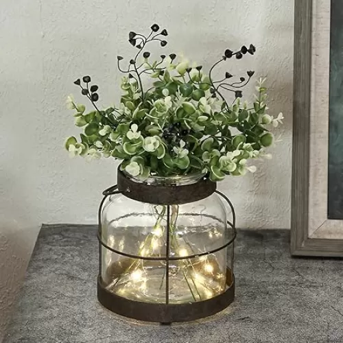 Vintage Glass Farmhouse Vase, Rustic Lantern Decor with Plants Flowers Lights Vintage Style Vases for Home Decor Floral Arrangement Hostess Gift