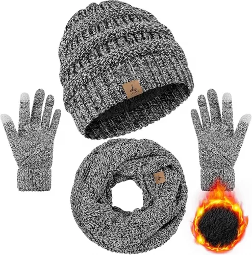 Warm Fleece Knit Winter Hat, Scarf & Touch Screen Gloves Set - Unisex Adult Winter Gifts