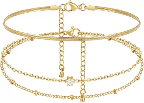Waterproof Gold Anklets for Women - 14k Gold Plated Ankle Bracelets, Summer Beach Surfer Foot Chain Multilayered Stack Bracelet Anklet Set, Layered Trendy Jewelry Holiday Gifts for Her Girlfriend