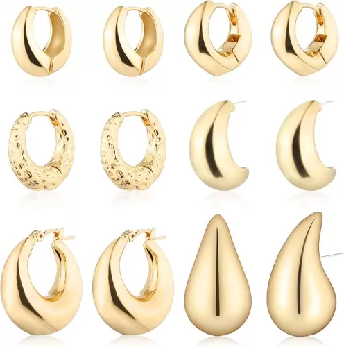 Wgoud 6 Pairs Gold Hoop Earrings Set for Women, 14K Gold Plated Hypoallergenic Lightweight Chunky Open Huggie Hoops Earrings Jewelry for Gift.