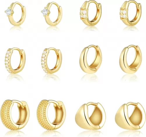 Wgoud Small Gold Hoop Earrings Set for Women, 6 Pairs 14K Gold Plated Hypoallergenic Lightweight Huggie Hoops Earrings, Gold Cartilage Cubic Zirconia Earrings for Women Gifts.