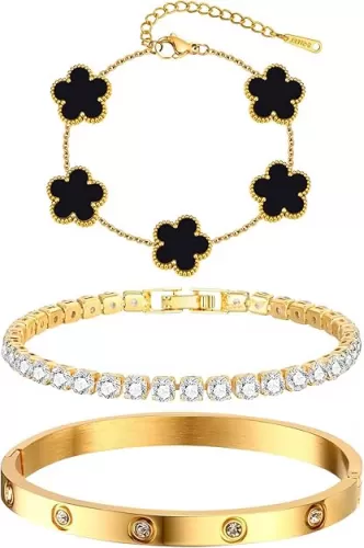 Womens Stackable Floral Gold Bracelets - 3Pcs 18K Gold Plated Bracelet, Stainless Steel Bangle Bracelets Non Tarnish, Gold Bracelet Set Trendy Jewelry, Christmas Valentines Birthday Gifts for Girlfriend