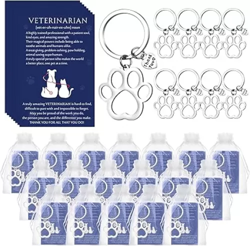XunYee 30 Sets Vet Tech Gifts Veterinarian Appreciation Paw Keychain with Thank You Cards for Veterinary