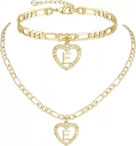 YANODA Gold Initial Pendant Necklace Anklet Bracelet for Women 14K Gold Plated Figaro Chain Letter Initial Heart Necklace Anklets Alphabet Foot Jewelry Personalized Jewelry for Women