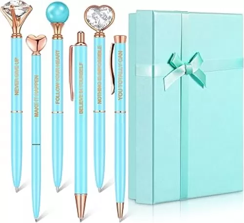 Yeaqee 6 Pcs Inspirational Pen Set for Women Gift 2025 Diamond Ballpoint Pens with Crystal Motivational Office Supplies with Gift Box Nurse Teacher Wedding Graduation Mother Day(Blue)