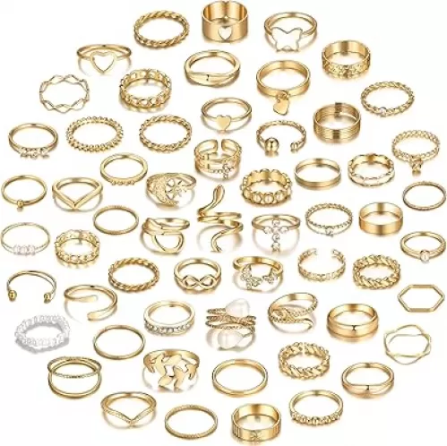 YEEZII 68 Pcs Gold Knuckle Rings Set for Women, Stackable Boho Joint Finger Midi Rings Silver Hollow Carved Crystal Stacking Ring Pack for Gift