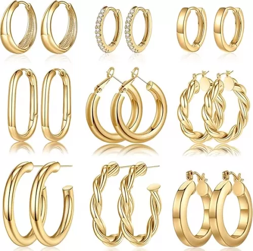 Yesteel 9 Pairs Gold Hoop Earrings for Women, 925 Sterling Silver Post 14K Real Gold Plated Chunky Hoop Earrings Set for Women Hypoallergenic Thick Lightweight Earring for Womens Jewelry Gifts