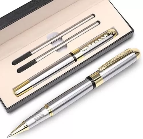YIVONKA Ballpoint Pen Luxury Ballpoint Line Black Refill width 0.5mm Gift Set for Men & Women Professional Executive, Office, Nice BallPens Classy Gift Box (Silver)