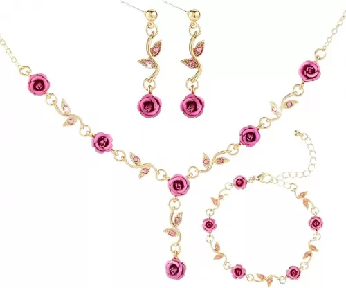 Yolev Rose Flower Pendant Necklace, Bracelet Dangle Earrings.Bracelet Flower Jewelry Dangle Earrings Set For Valentine