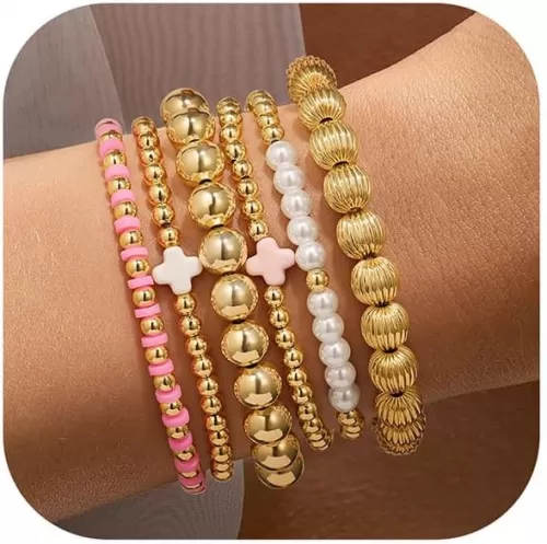 Yoosteel Gold Beaded Bracelets Set for Women, 14K Gold Plated Dainty Round Bead Ball Pearl Cross Bracelet for Women Simplicity Stackable Jewelry Gifts