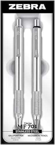 Zebra Pen M/F 701 Stainless Steel Mechanical Pencil and Ballpoint Pen Set, Fine Point, HB Lead and Black Ink, 2-Pack Gift Set (10519)