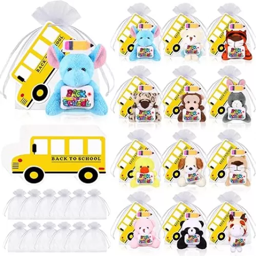 12 Set Welcome Back to School Gifts for Students Mini Stuffed Plush Animal Keychains Toys Bulk with Bus Tags Organza Goodie Bag for First Day of School Classroom Gift Party Favor