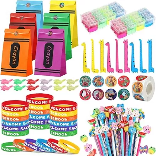 145 Pcs Back to School Supplies Kit Including 24 Back to School Goodie Bags 24 Silicone Bracelet 24 Pencils 24 Sharpeners 24 Handwriting Grips 24 Rulers 1 Pack Sticker Back to Schol Gifts for Students