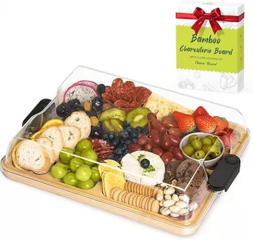 2-in-1 Charcuterie Board with Lid, Large Cutting Board for Kitchen, Travel Portable Bamboo Cheese Board, Covered Serving Tray, House Warming Birthday Gifts for Her Him Women Men Mom Dad