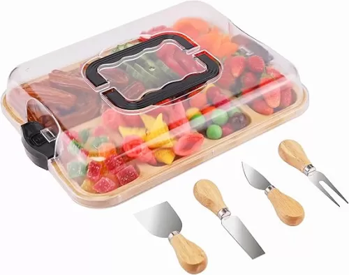 2-in-1 Portable Charcuterie Board with Locking Lid & Bamboo Cutting Board, 6-Compartment Travel Charcuterie Board, 4 pcs Cheese Tools Set, Serving Tray for Party, Picnic – Housewarming Gifts