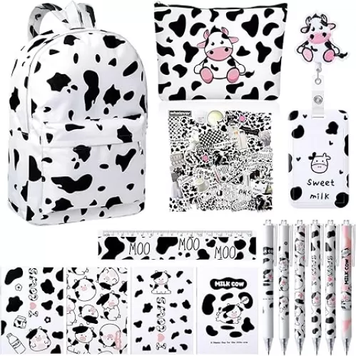 20 Pcs Back to School Gifts Cow Print Backpack Pencil Bag Ballpoint Pen Notebooks Badge Holder Case Reel Clip Students Girls