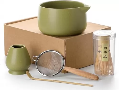 20OZ Matcha Whisk Set - 5PCS Japanese Tea Set Includes Matcha Bowl with Spout, Bamboo Whisk with Ceramic Holder, Bamboo Scoop and Sifter, Matcha Kit for Ceremony, Gift for Matcha Lovers (Matcha Green)