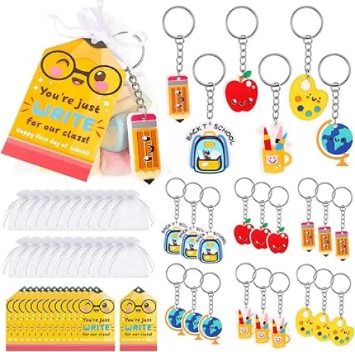 24 Set Back to School Gifts for Student, First Day of School Keychain Gift Set with Gift Tags and Organza Bags for Classroom Reward Gifts School Party Goodie Bag Stuffers