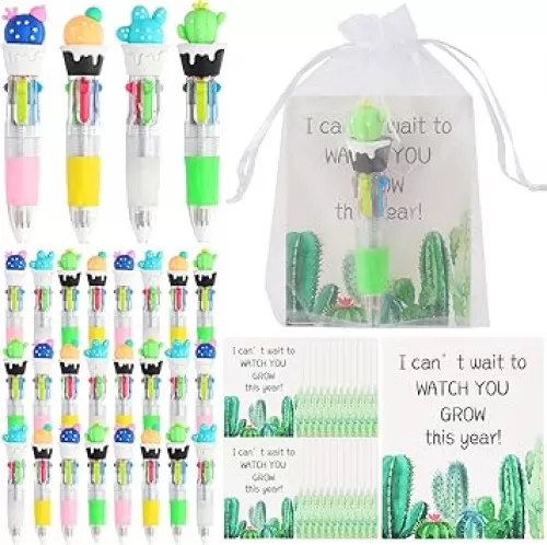 24 Set Back to School Gifts for Student Include 24 Cactus Plants 4-in-1 Pens, 24 Welcome Cards and 24 Organza Bags First Day of School Gift for Classroom Rewards from Teacher to Students Supplies