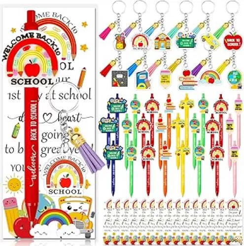 24 Set Back to School Gifts for Students Bulk Ballpoint Pens Keychains and Greeting Cards Set First Day of School Supplies Gifts for Teacher Classroom Rewards Party Favors