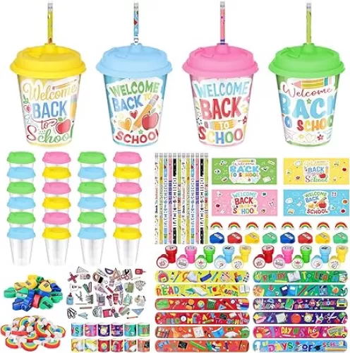 24 Set Back to School Gifts for Students Welcome to School Stationery Kit with Pencils Pencil Sharpener Stickers Cups with Lids Stampers Slap Bracelets Eraser for First Day of School Gifts - 168 Pcs