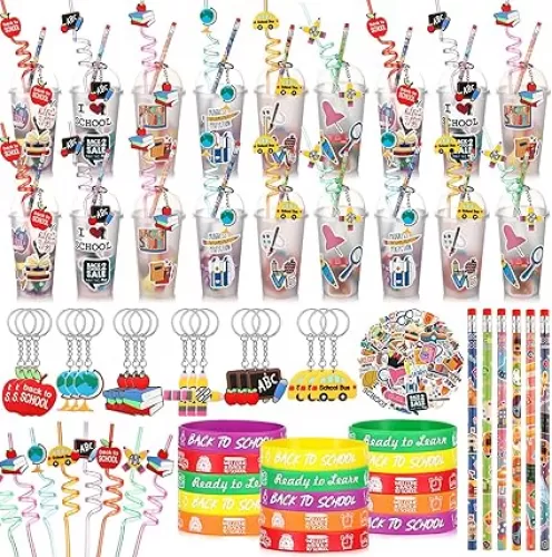 24 Set Back to School Party Favors Gift Cups Filler, First Day of School Keychain Pencil Straw Sticker Silicone Bracelet for Goodie Bag Fillers Party Favors Gifts