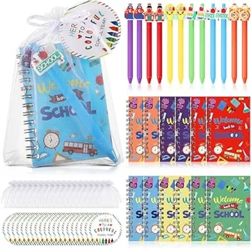24 Set Back to School Stationery Set for Students, First Day of School Treat Bags Mini Notebook Pencil Ruler Eraser Sticker Welcome to School Gifts for Classroom Gifts Goodie Bags Fillers