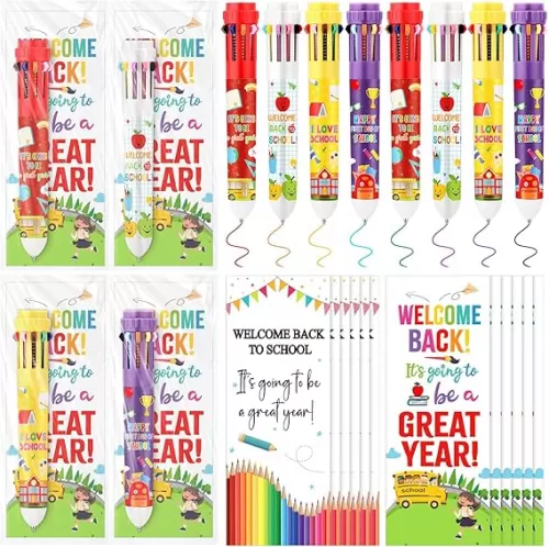 24 Set Welcome Back to School Gift Bulk 10 in 1 Multicolor Retractable Ballpoint Pen with Greeting Cards Inspirational First Day of School Gift for Student Teacher Kindergarten Classroom Party Favor