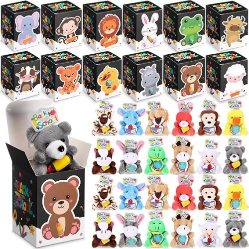 24 Set Welcome Back to School Gifts for Students Mini Stuffed Animals Bulk with Gift Box Tiny First Day of School Plush Toys Small Stuffed Keychains for Classroom Exchange Gift Party Favors