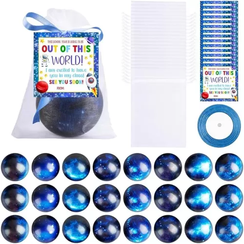 24 Sets Back to School Gifts 2.5 Inch Galaxy Stress Balls with Inspirational Cards Ribbon Organza Bag Foam Squeeze Balls Gifts for First Day of School Student Classroom Prize School Gift